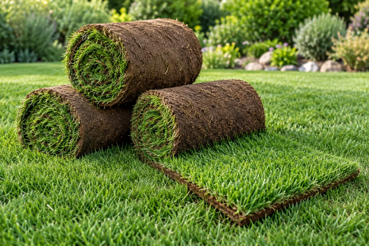 Imagen ilustrativa: tres rollos de pasto natural sobre un césped verde